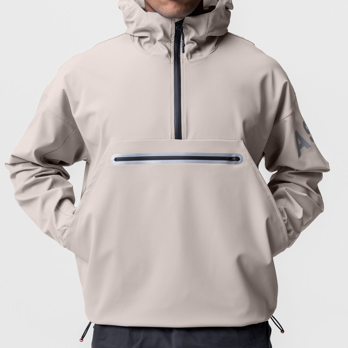 Weather-Ready Anorak Jacket in chai worn by model, front view with hood up