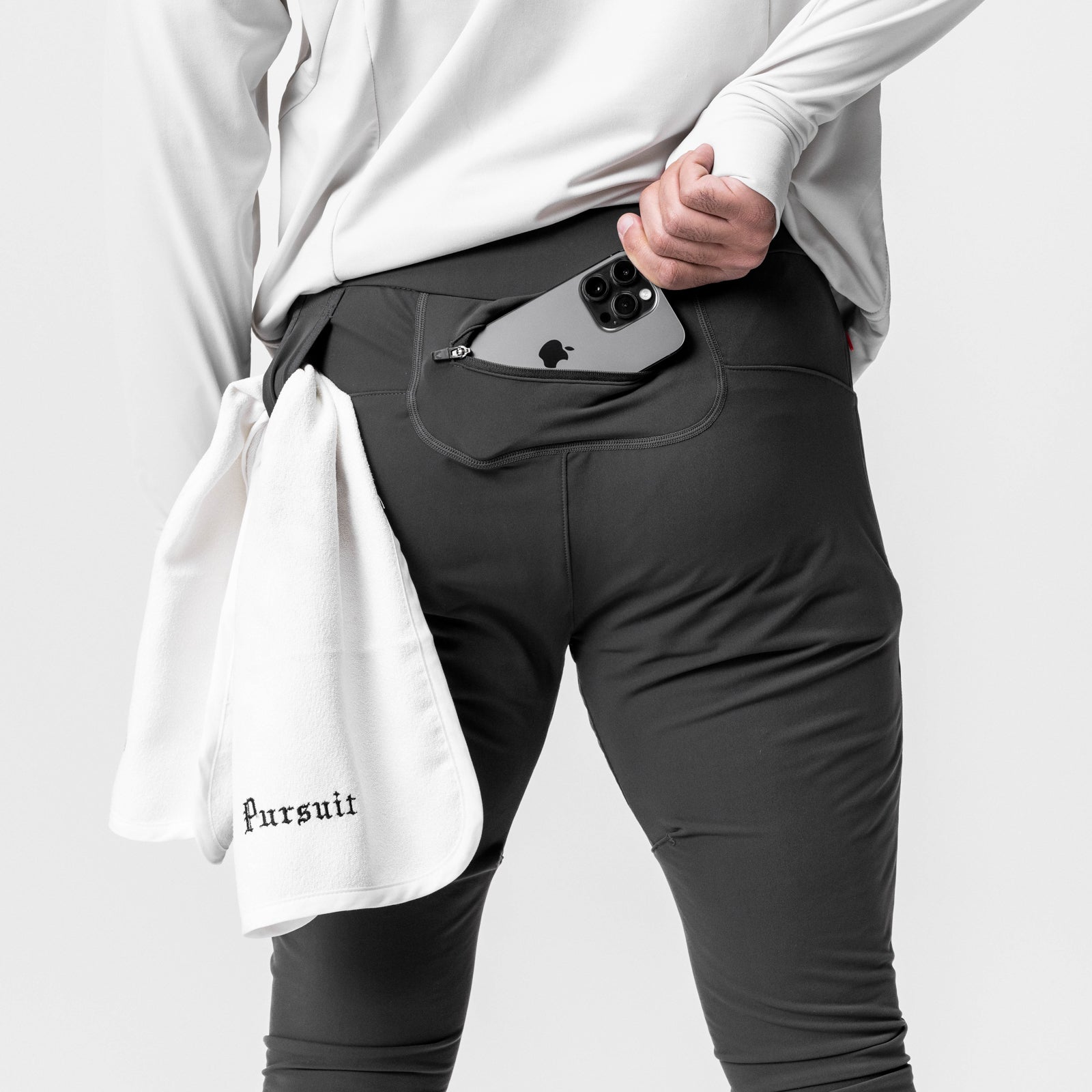 Thermal Hybrid Jogger in Space Grey worn by model, front view with phone in pocket