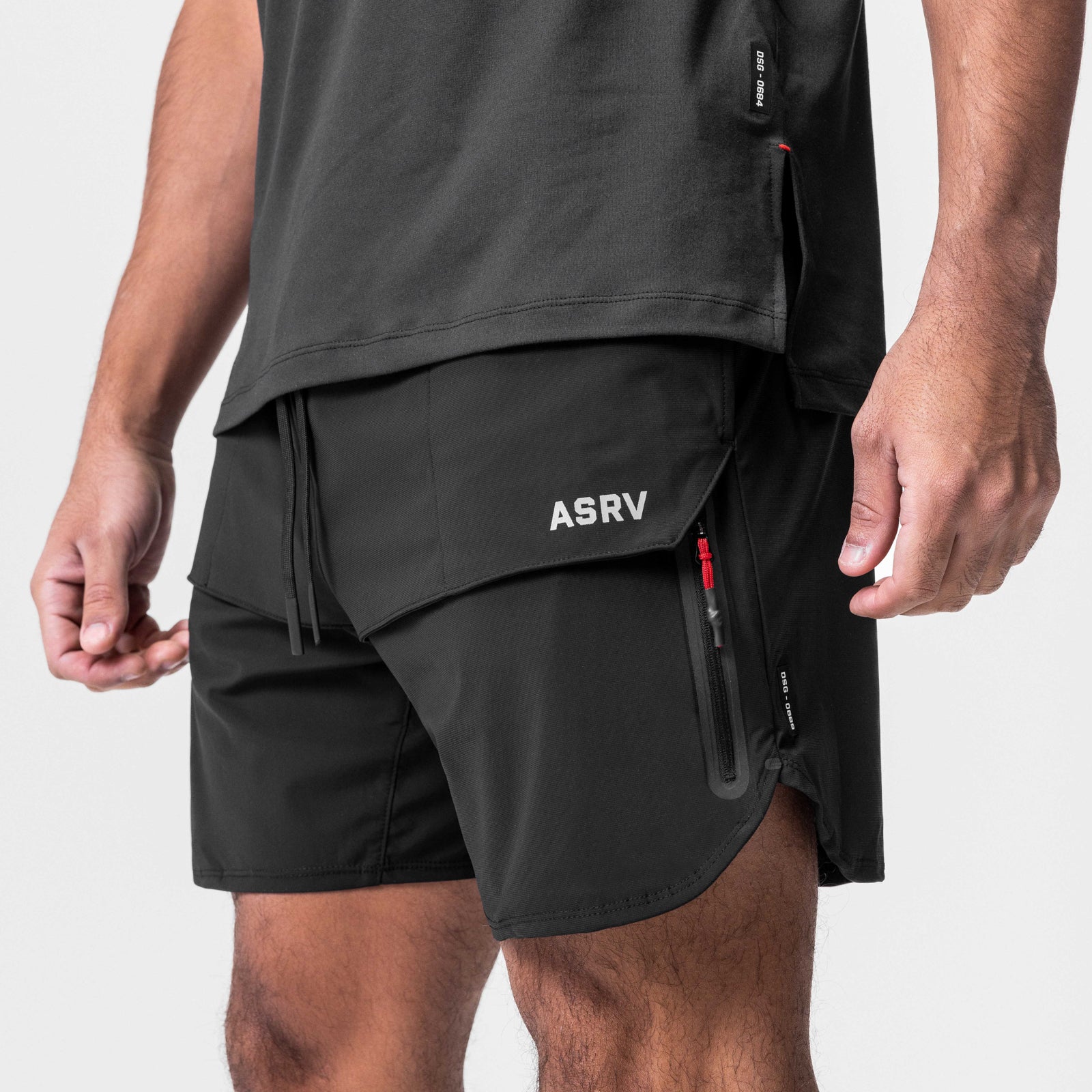 ASRV Tetra-Lite Tech Short in black, worn by model, side view