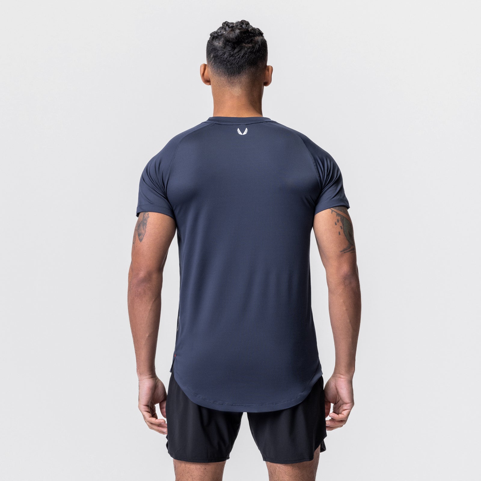 AeroSilver Established Tee in navy, rear view on model