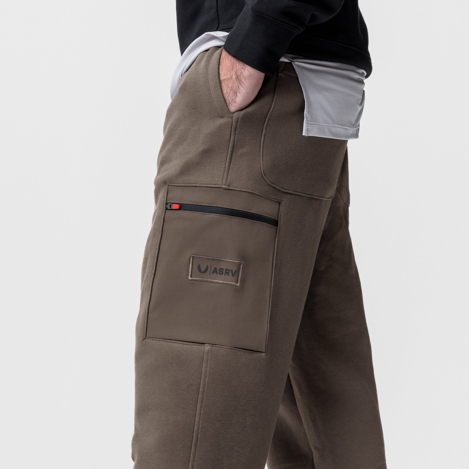 Tech-Terry Cinch Cargo Jogger in Deep Taupe, worn by model showing side pocket detail