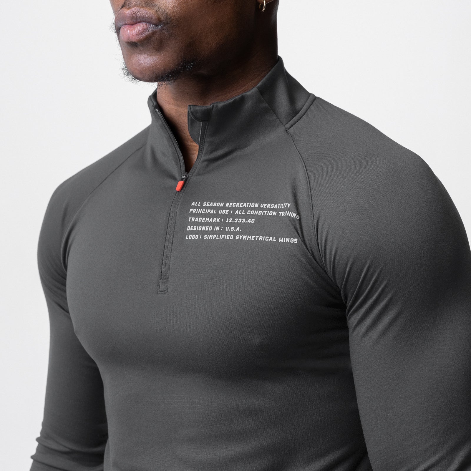 Core Fitted Quarter Zip in Space Grey, modeled from chest up
