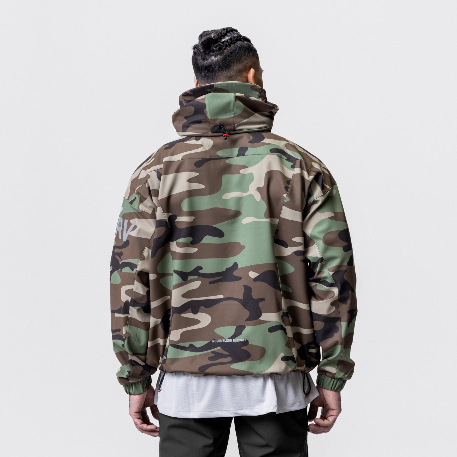 Weather-Ready Anorak Jacket in Woodland Camo, back view on model