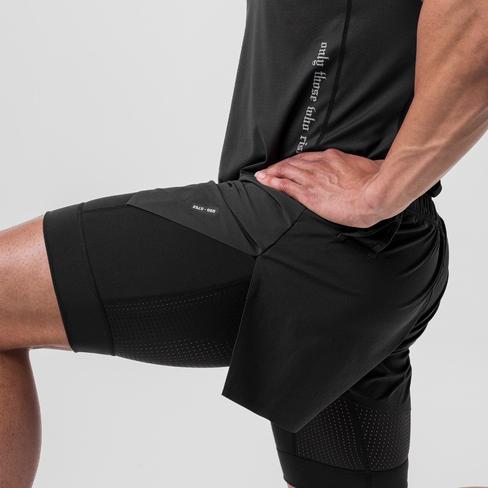 Ripstop 3" High Split Liner Short in black worn by model, side view