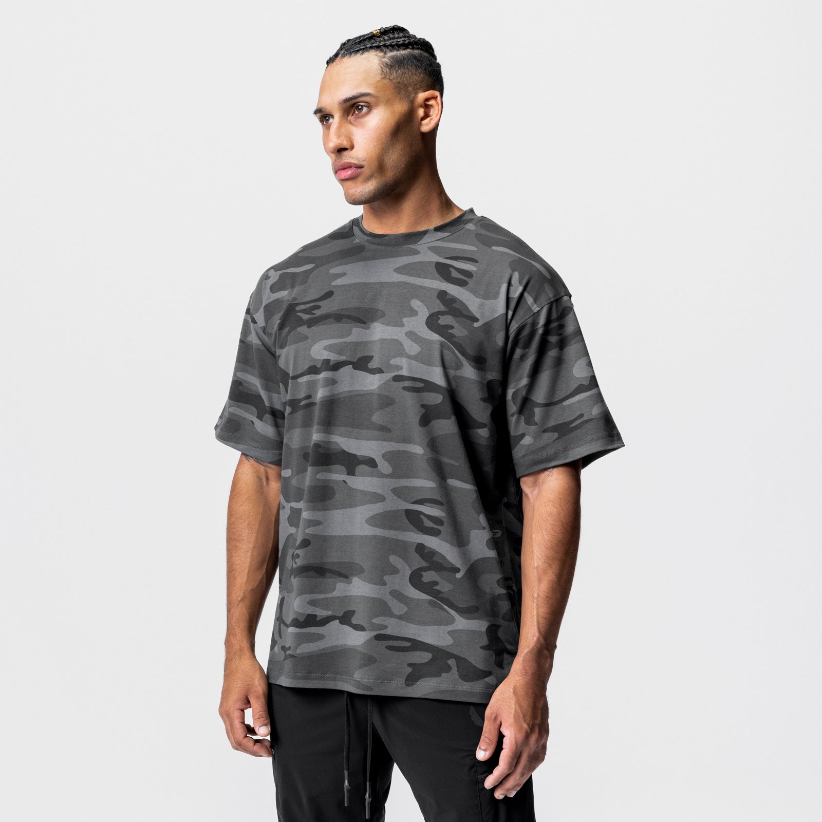 CottonPlus™ Oversized Tee in Black Camo worn by model, side view