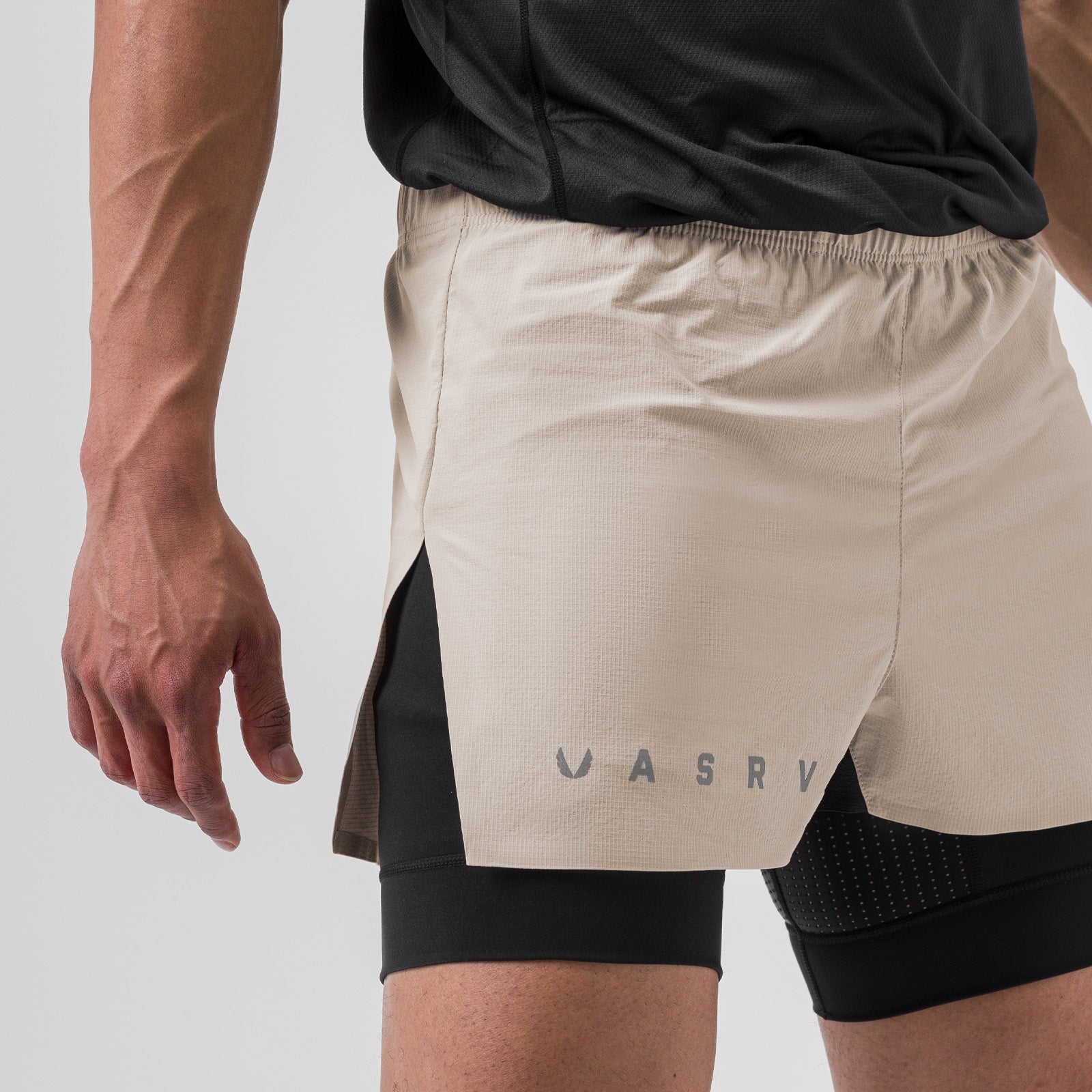 Ripstop 3" High Split Liner Short in Chai and Black, worn by model, side view