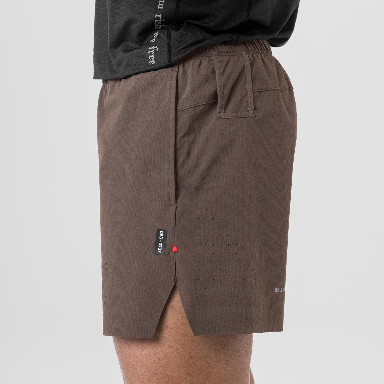 Ripstop 6" Perforated Short in Deep Taupe, worn by model, side view