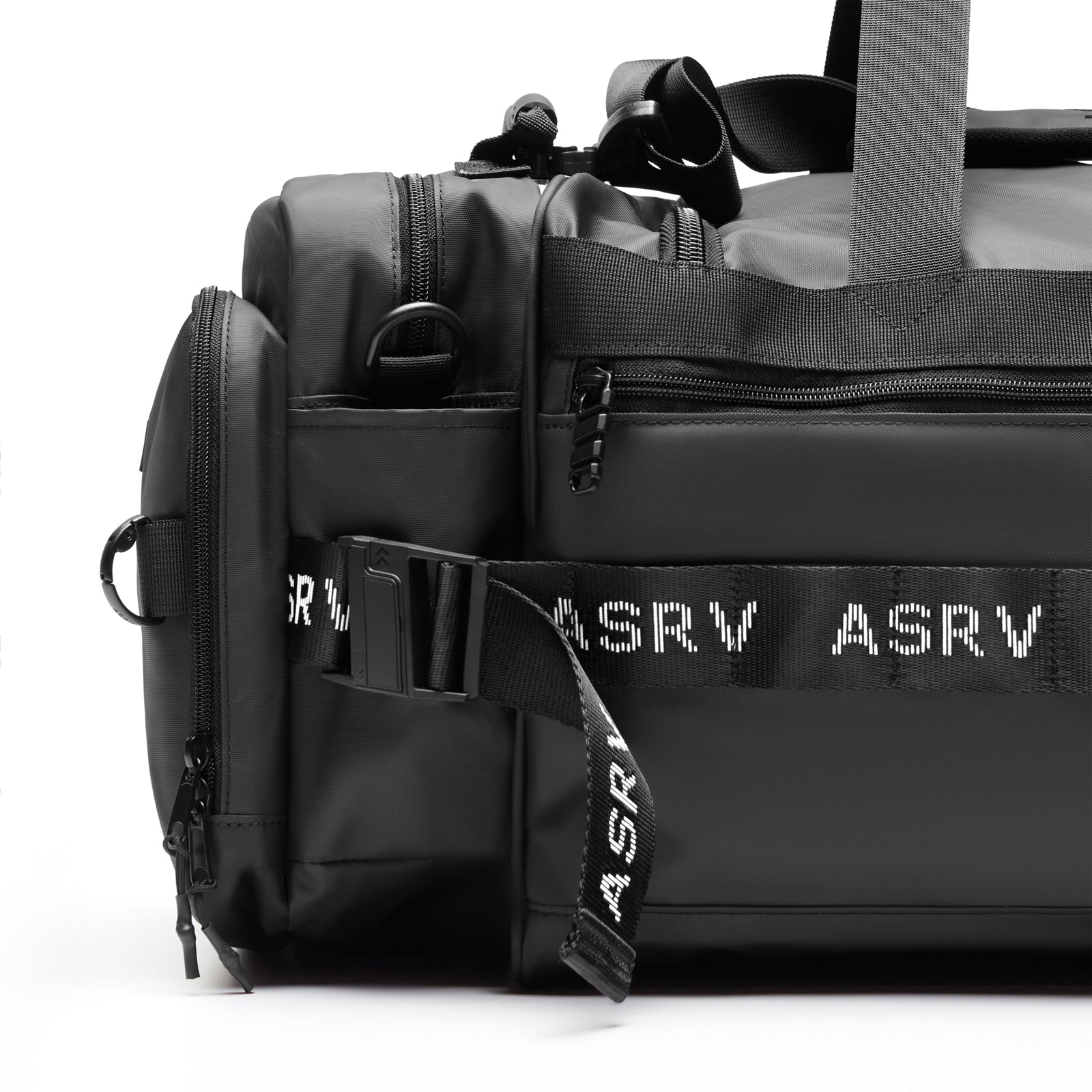 Flatlay Waterproof 2-in-1 Travel Duffle in black, side view