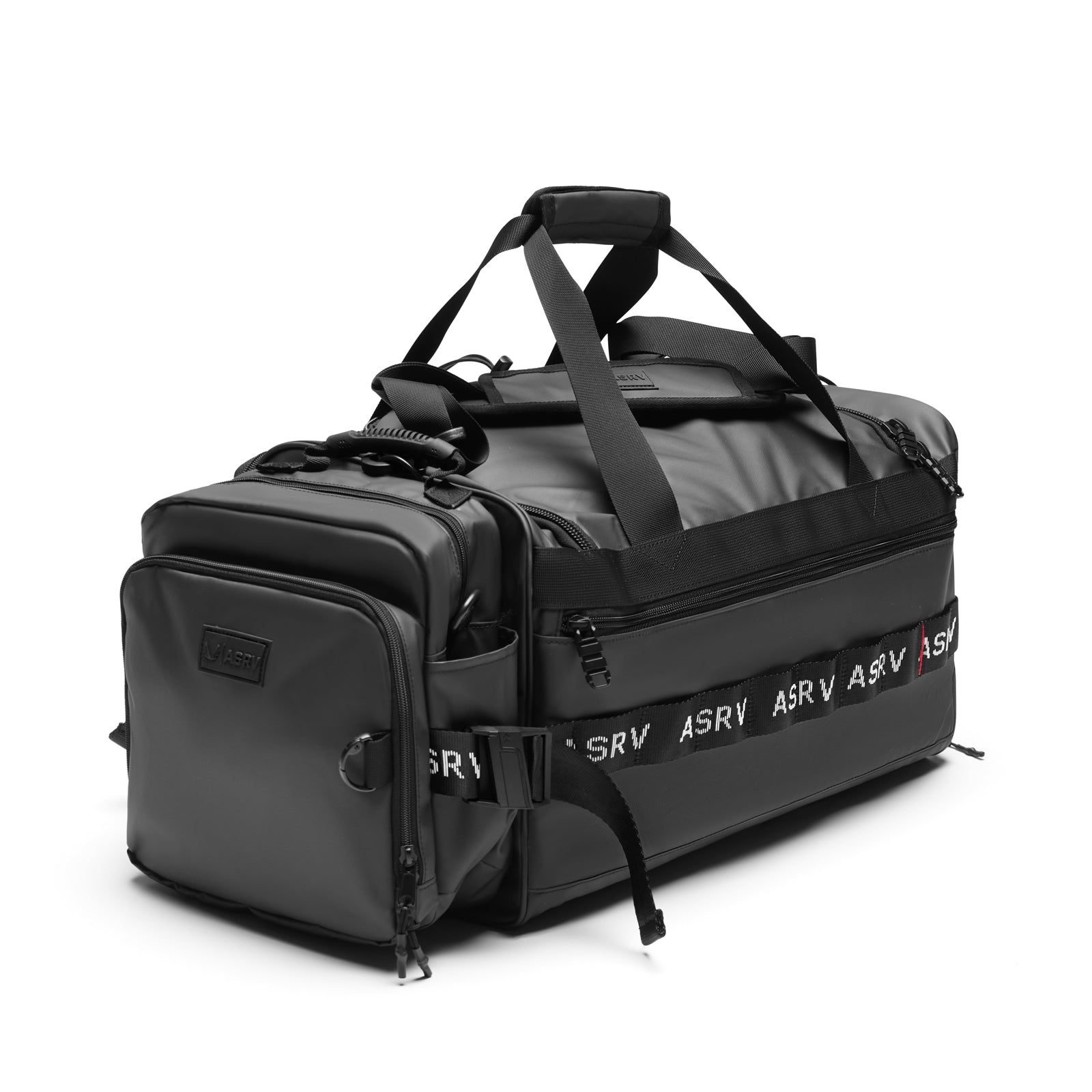 Flatlay Waterproof 2-in-1 Travel Duffle in black, angled view