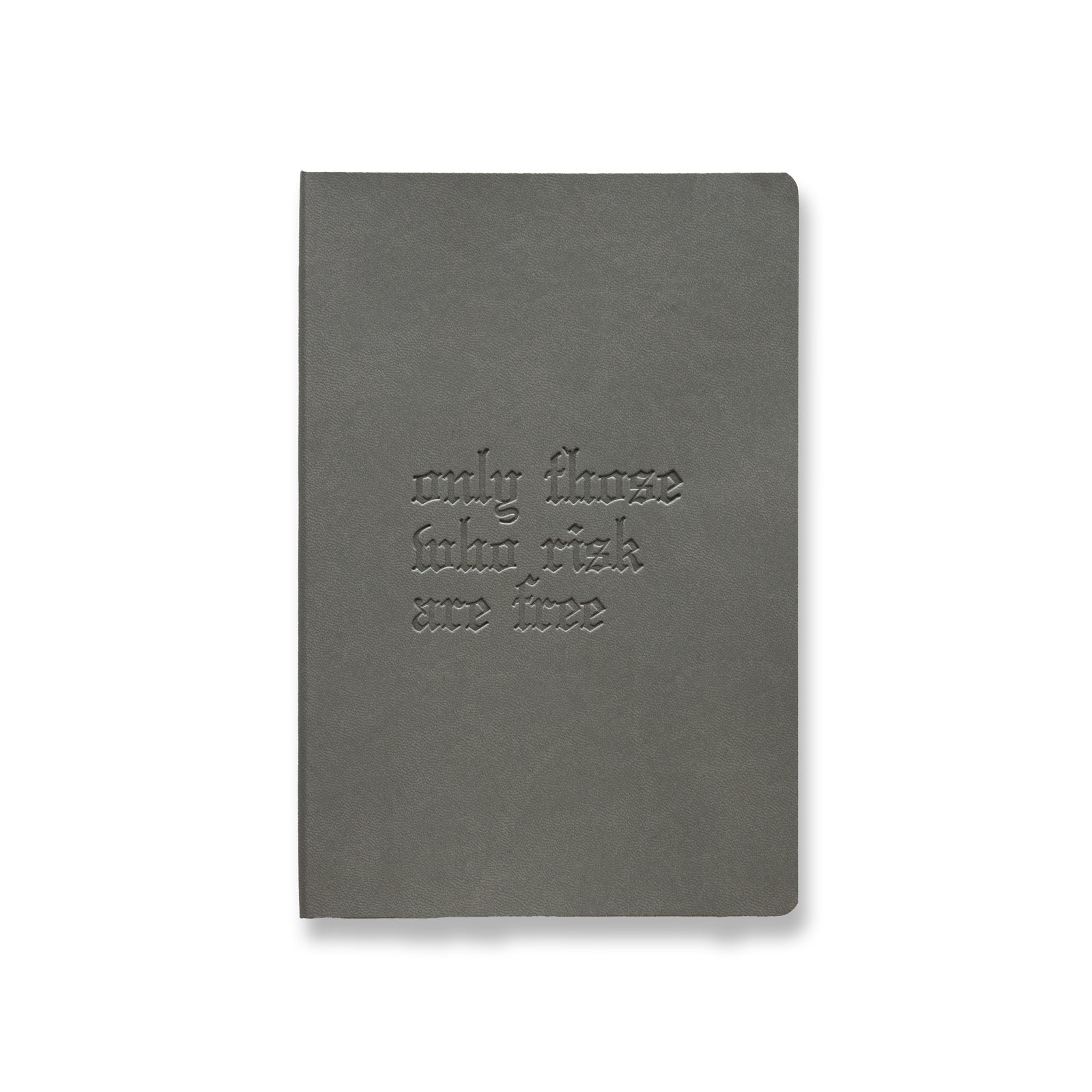 flatlay Soft Cover Notebook in grey with embossed OTWR text, front view