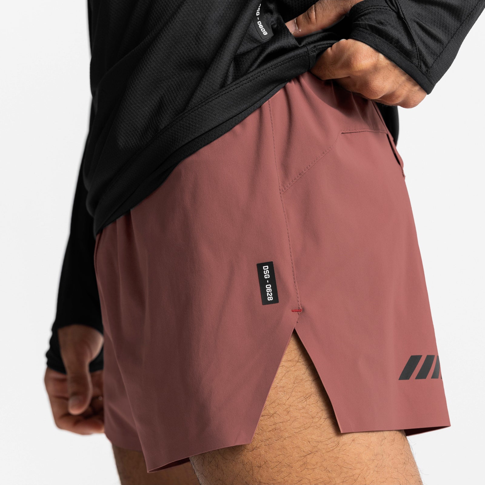 Tetra-Lite Laser Cut 3" Short in canyon rose, worn by model showing side detail