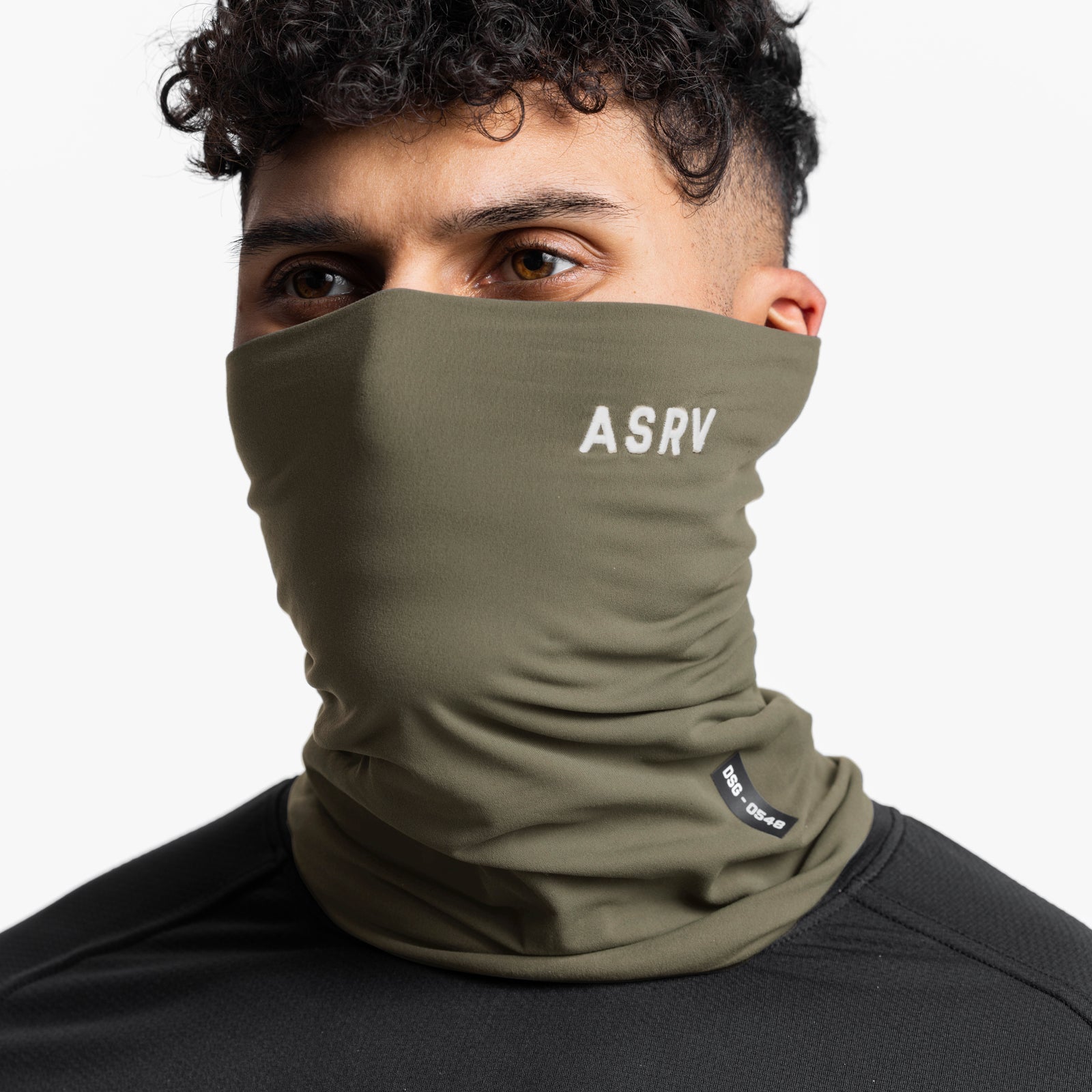 Thermal Gaiter in faded olive worn as neck gaiter, front view on model