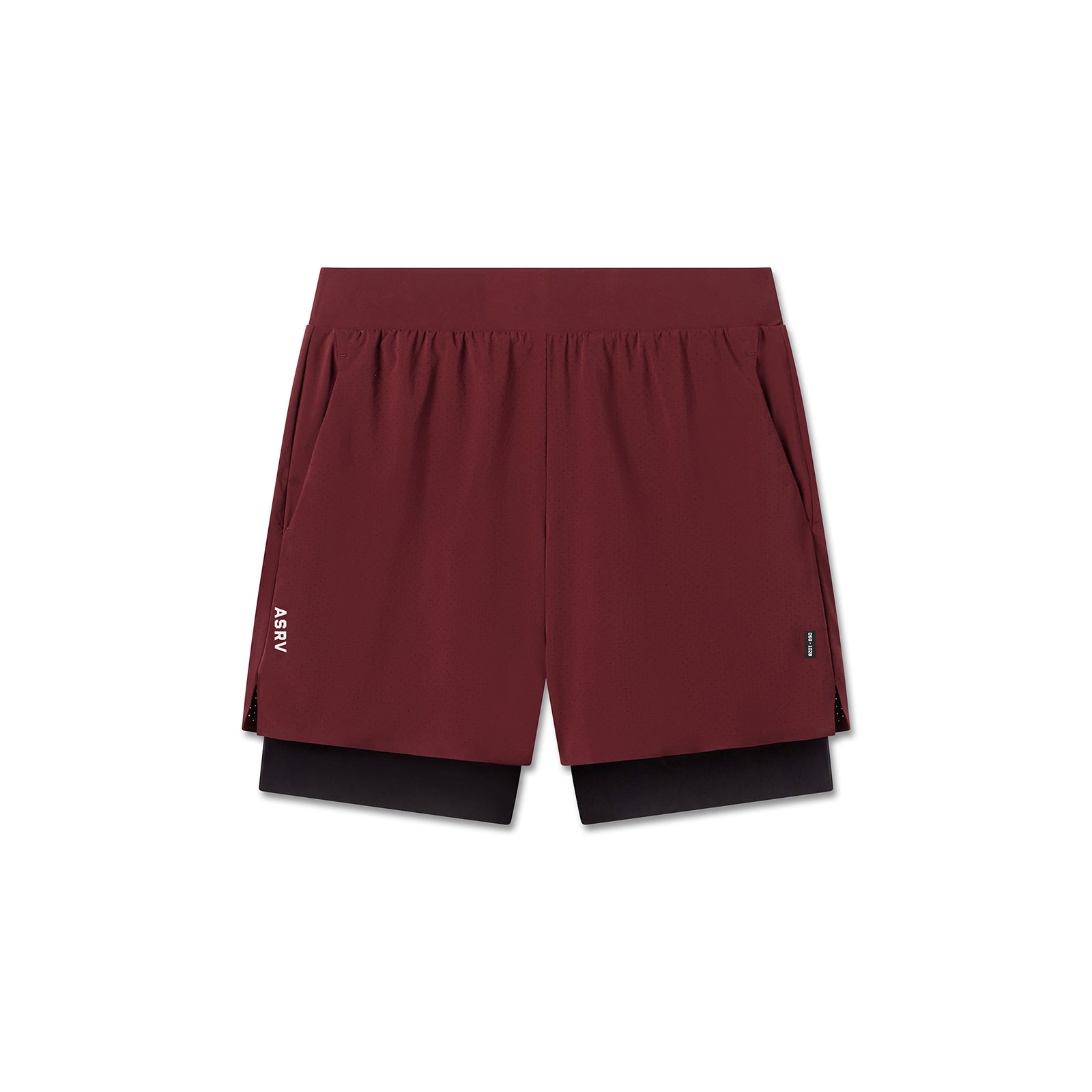 flatlay Aerotex Bonded 7" Liner Short in crimson and black, front view