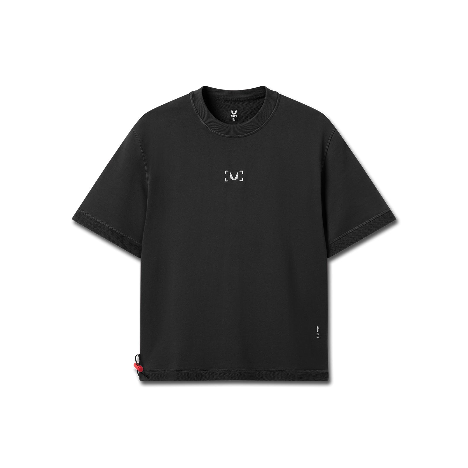 Black Herringbone Terry Oversized Cinch Tee displayed on a stand, front view