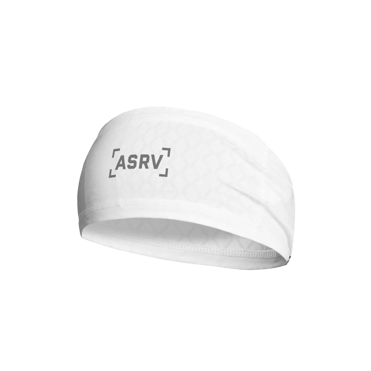 flatlay ASRV Phase Change Headband in white with reflective logo, front view