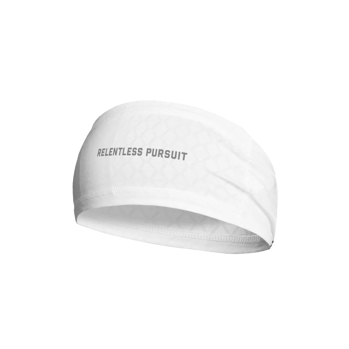ASRV Relentless Pursuit headband in white, displayed on stand showing front text detail