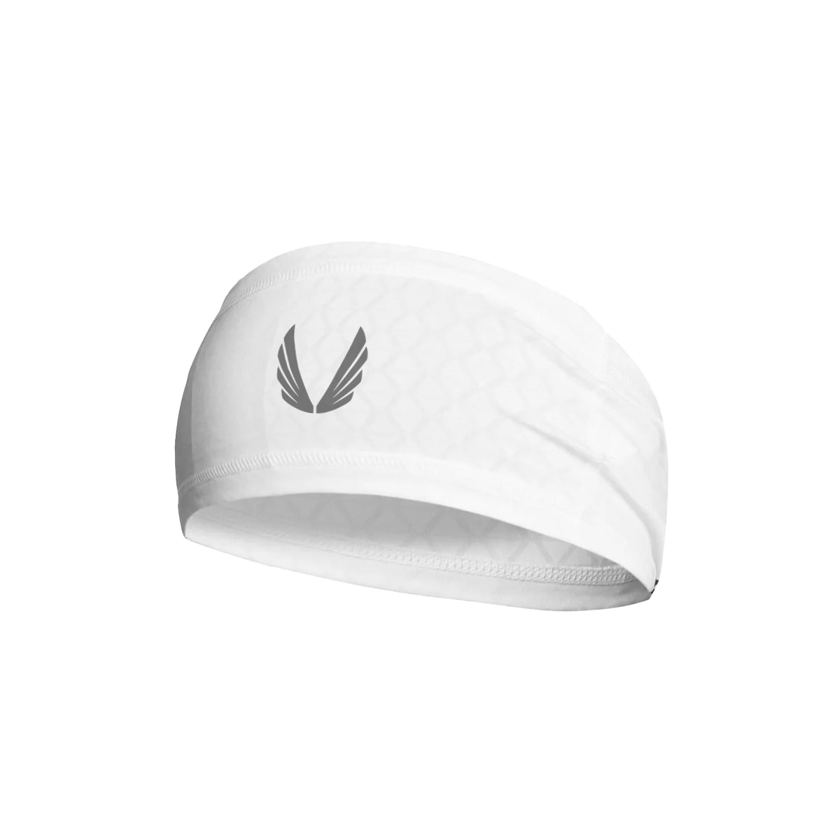 flatlay ASRV Outlast Phase Change Headband in white with reflective wings logo, front view