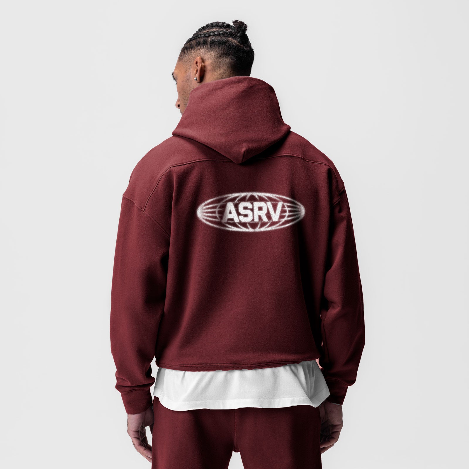 Tech-Terry Hoodie in crimson worn by model, back view showing ASRV logo