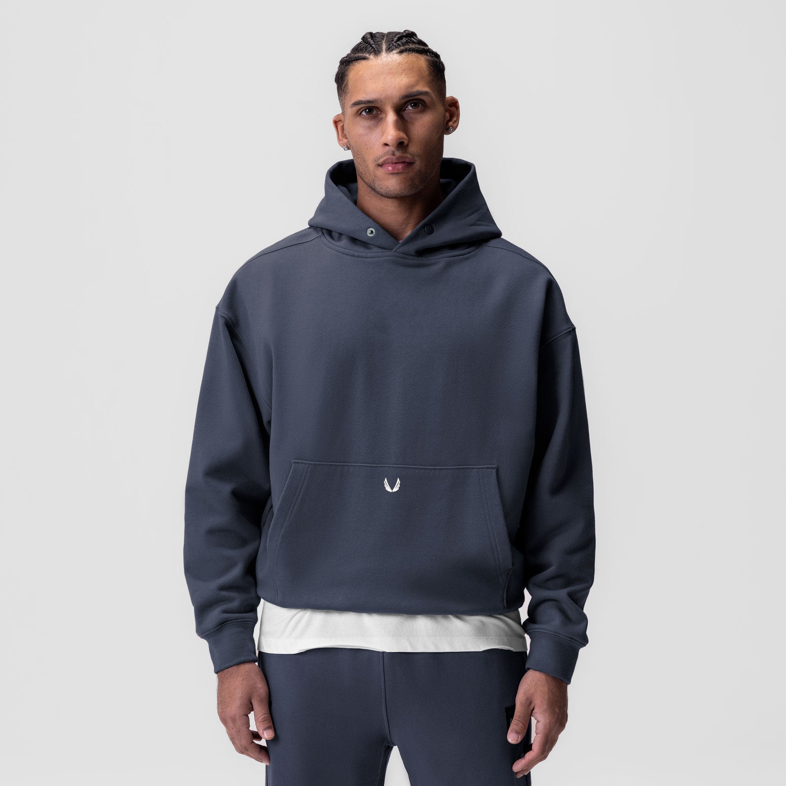 Tech-Terry™ Hoodie in navy worn by model, front view