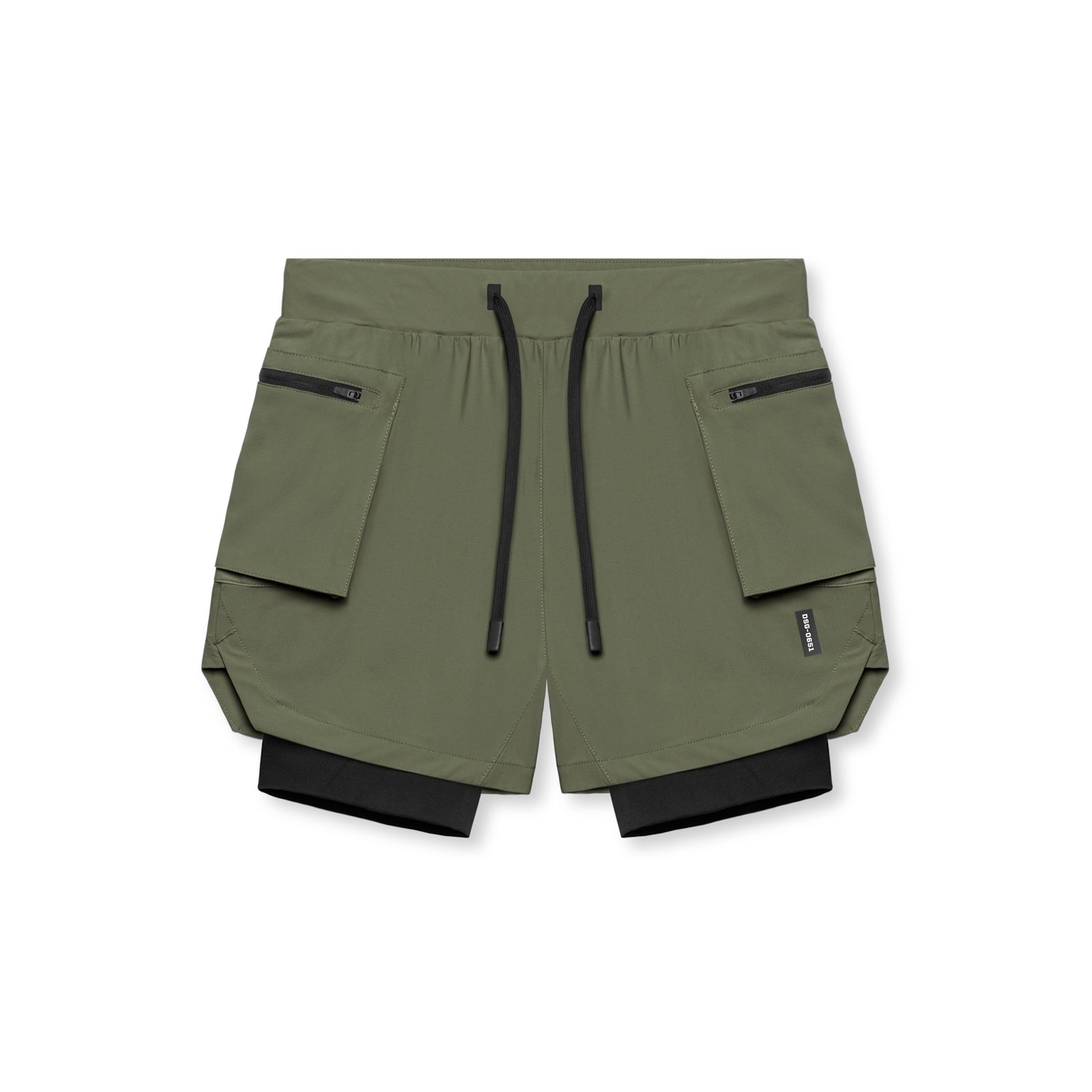 flatlay Tetra-Lite Liner Cargo Shorts in olive with black inner lining, top view