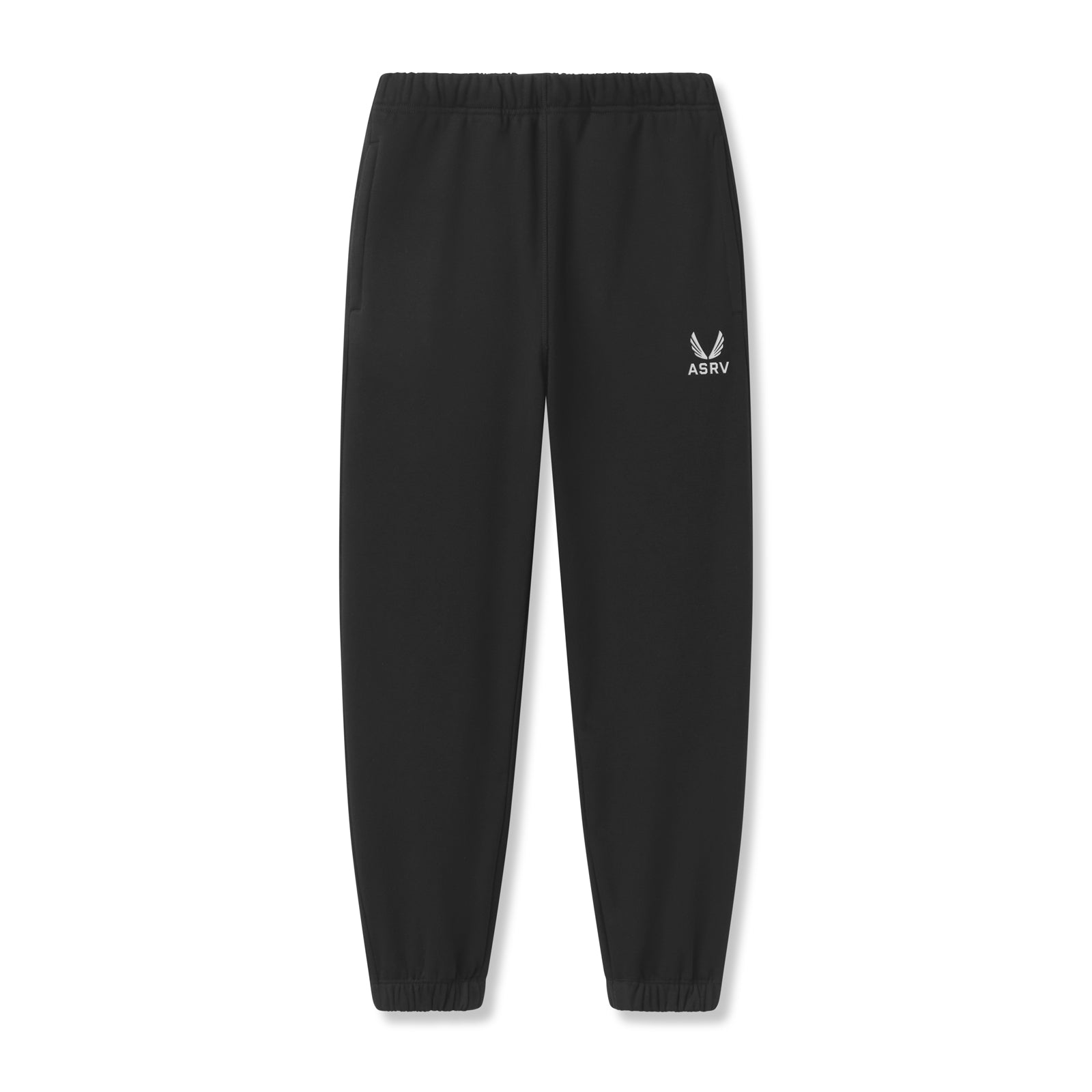 Flatlay of black Tech-Terry oversized sweatpants with ASRV emblem logo, front view