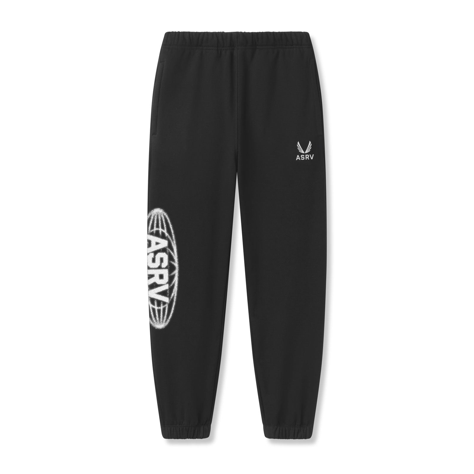 Flatlay of black Tech-Terry oversized sweatpants with ASRV logo, front view