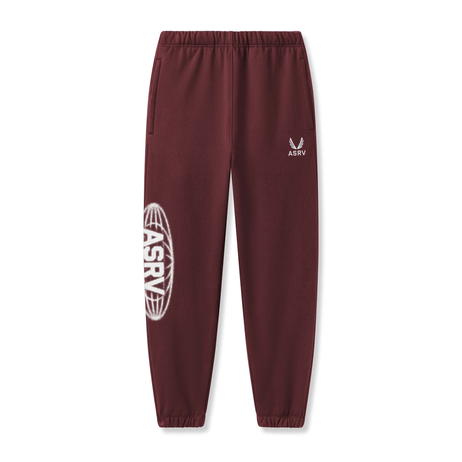 flatlay Tech-Terry Oversized Sweats joggers in crimson with ASRV logo, front view