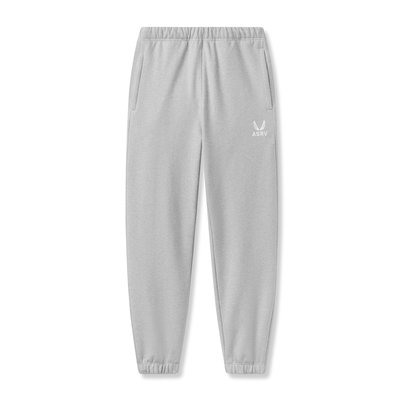 Flatlay of ASRV Tech-Terry oversized sweatpants in heather grey with emblem logo, front view
