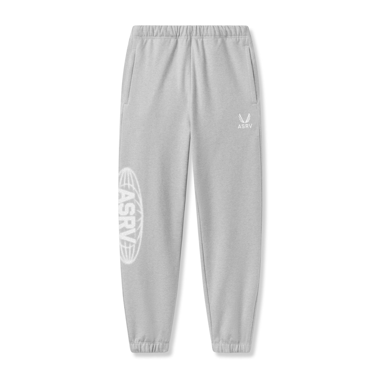 flatlay Tech-Terry Oversized Sweats joggers in heather grey with Global logo print, front view