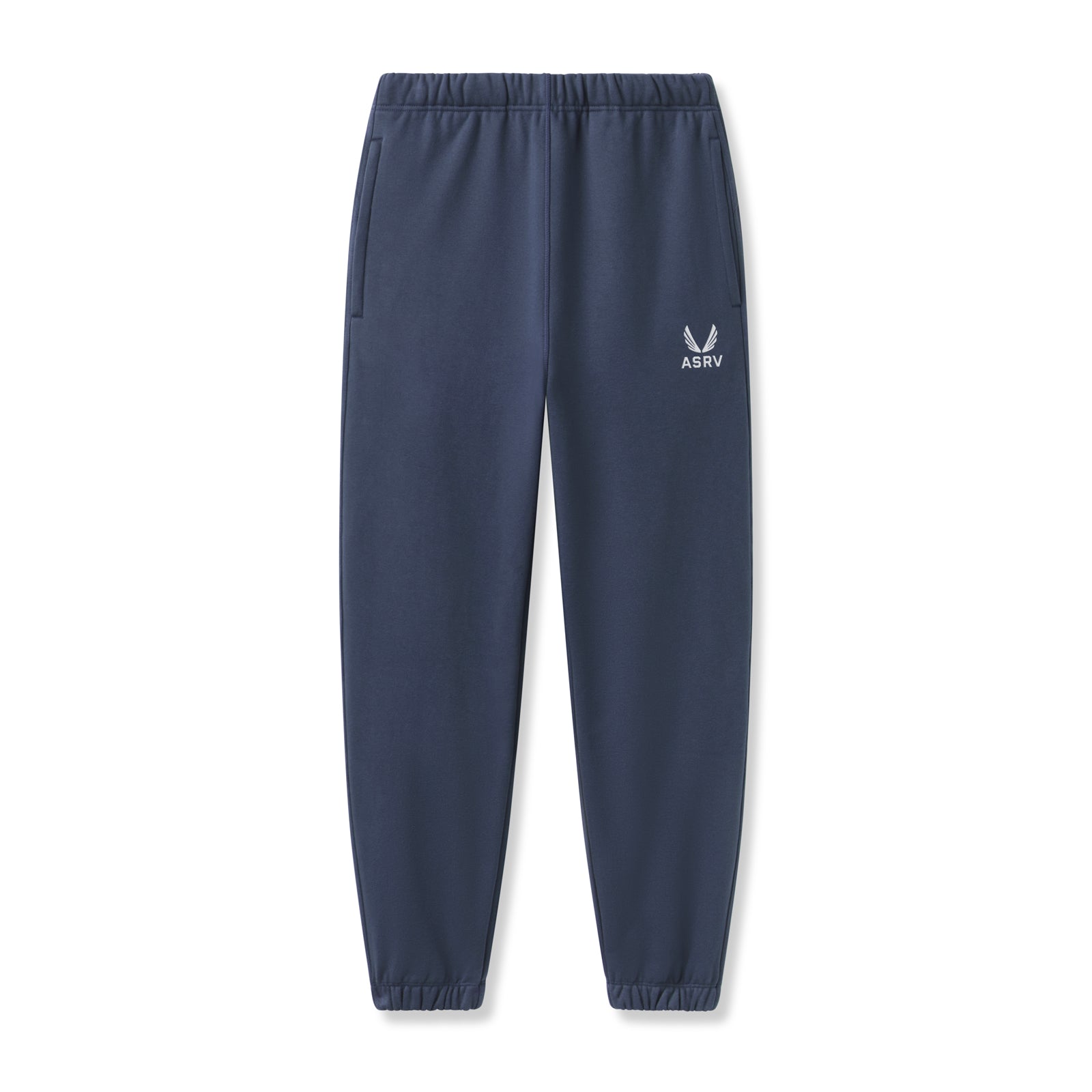 Flatlay of ASRV Tech-Terry Oversized Sweats joggers in navy with emblem logo, front view