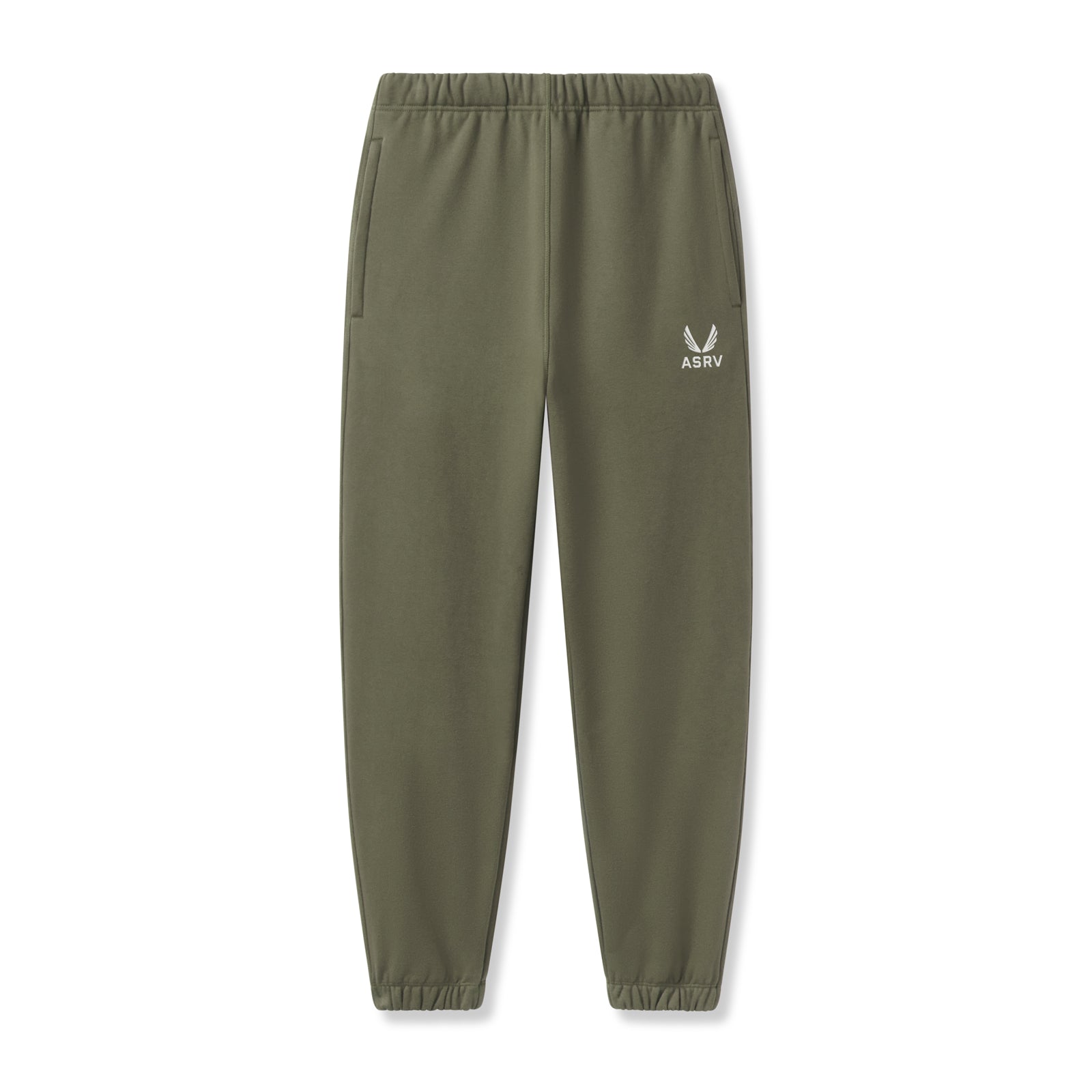 flatlay Tech-Terry Oversized Sweats joggers in olive with ASRV emblem logo, front view