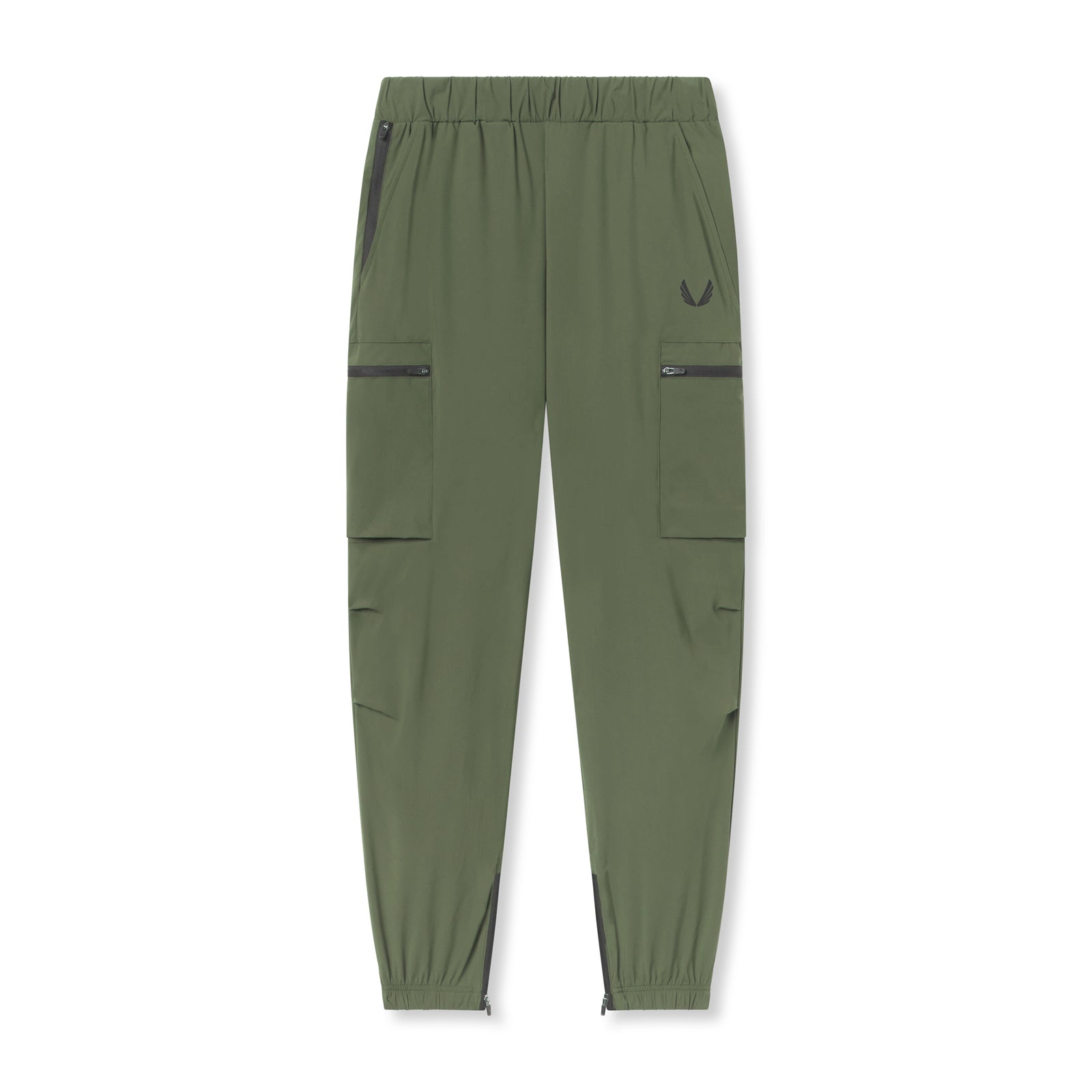 Flatlay of Tetra-Lite Standard Zip Jogger in olive green with cargo pockets, front view