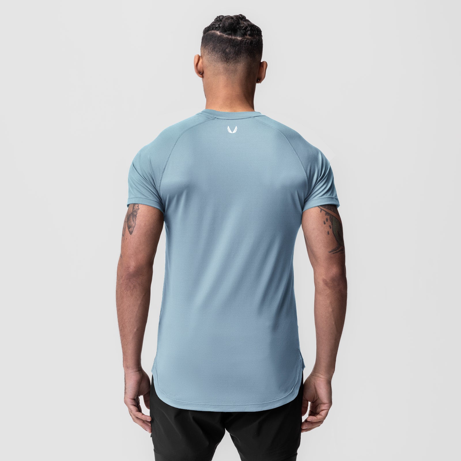 AeroSilver Established Tee in Light Sky, back view on model