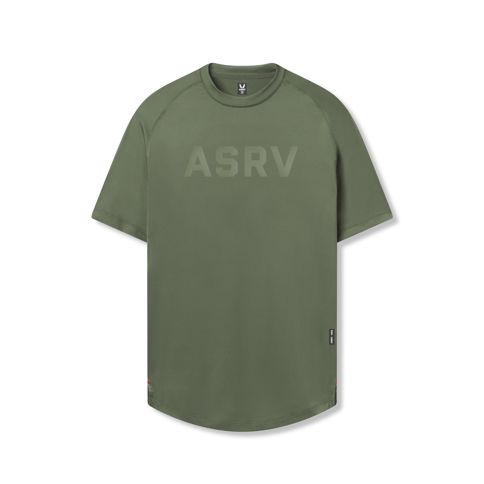 flatlay AeroSilver Established Tee in olive with ASRV logo, front view