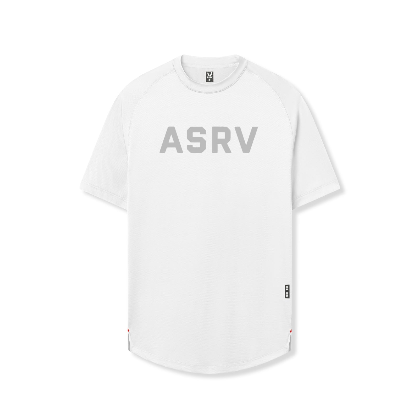 flatlay AeroSilver Established Tee in white with reflective ASRV logo, front view