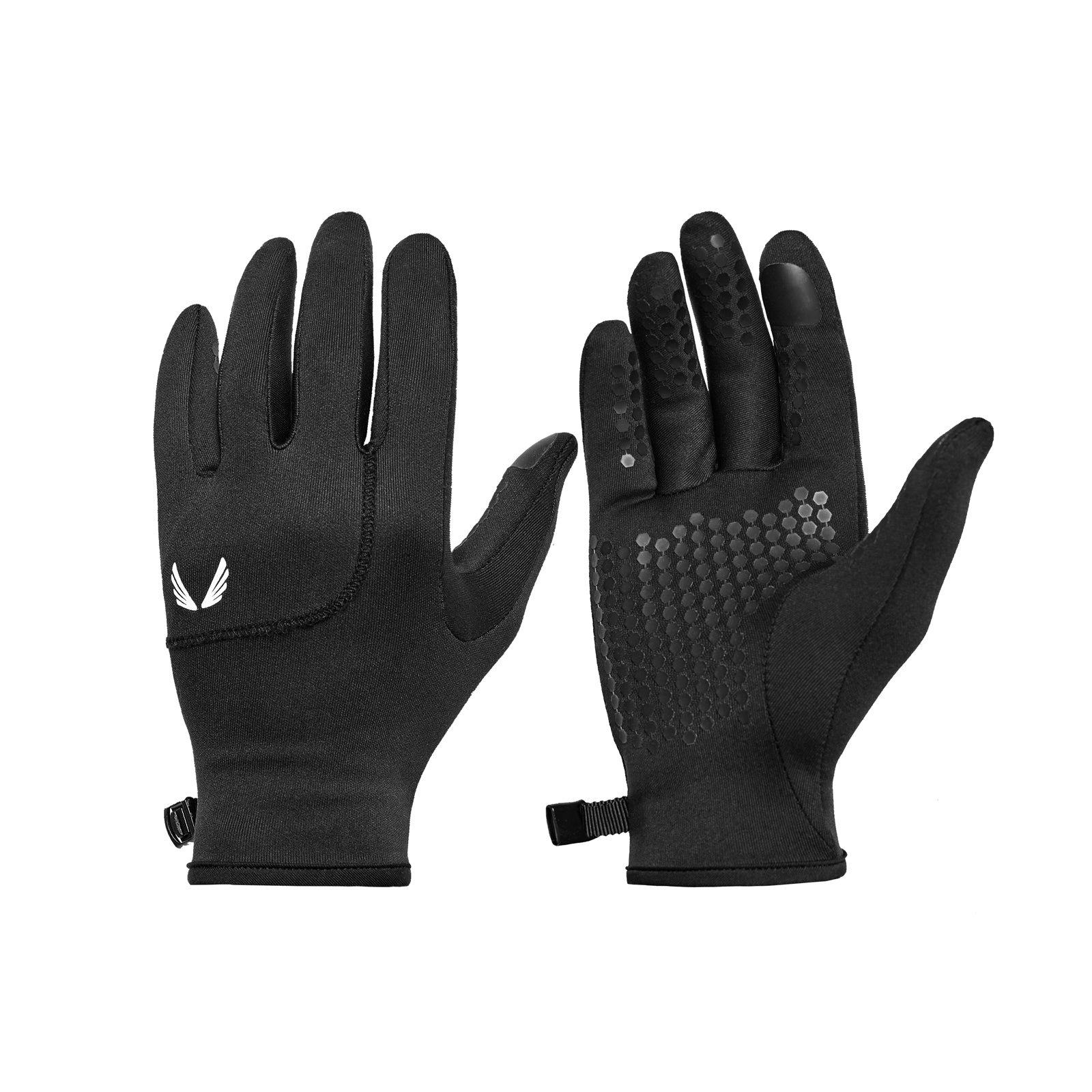 flatlay Aeroheat® Lightweight Gloves in black with Wings logo, front and back view