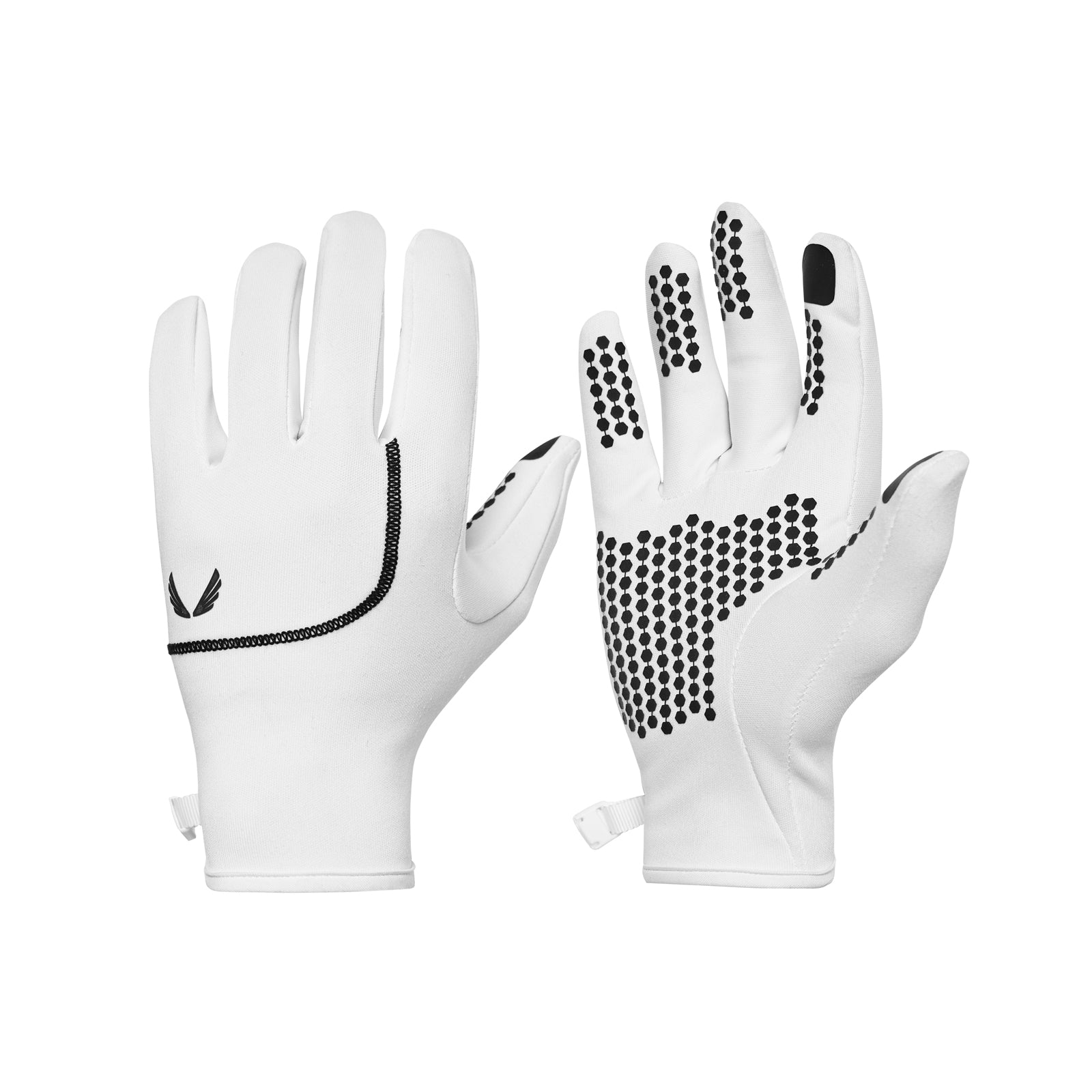 flatlay Aeroheat® Lightweight Gloves in white with black grip dots, front and back views