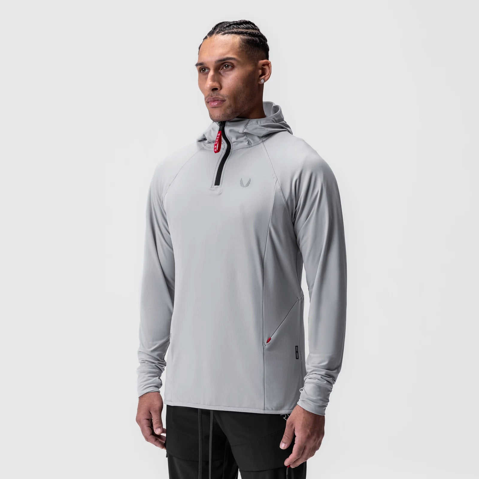 Training hoodie in slate grey worn by model, front view