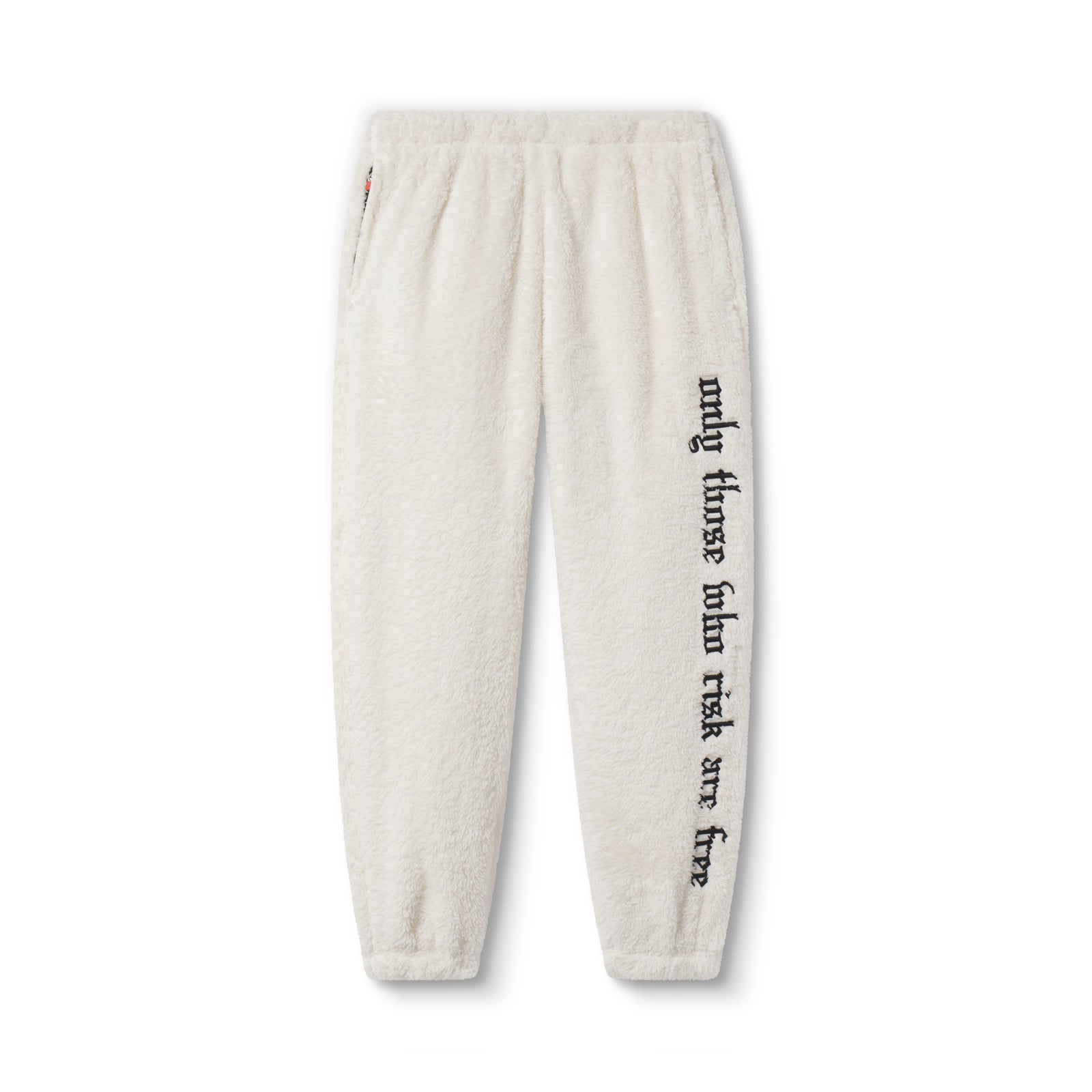 flatlay Womens Sherpa Recovery Sweats in ivory cream with black text design, front view