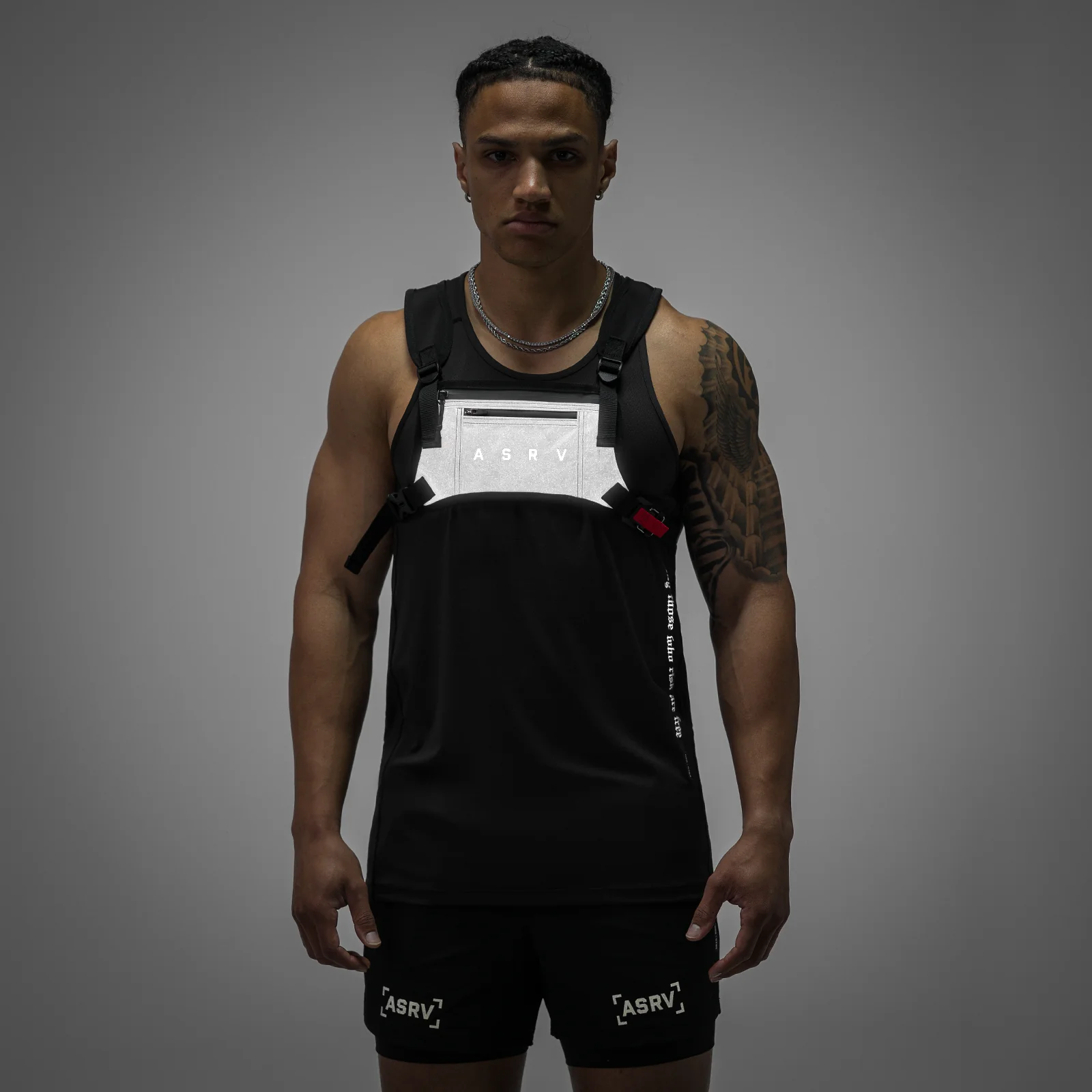 0711 Cordura Lightweight Chest Pack in black, front view worn by model