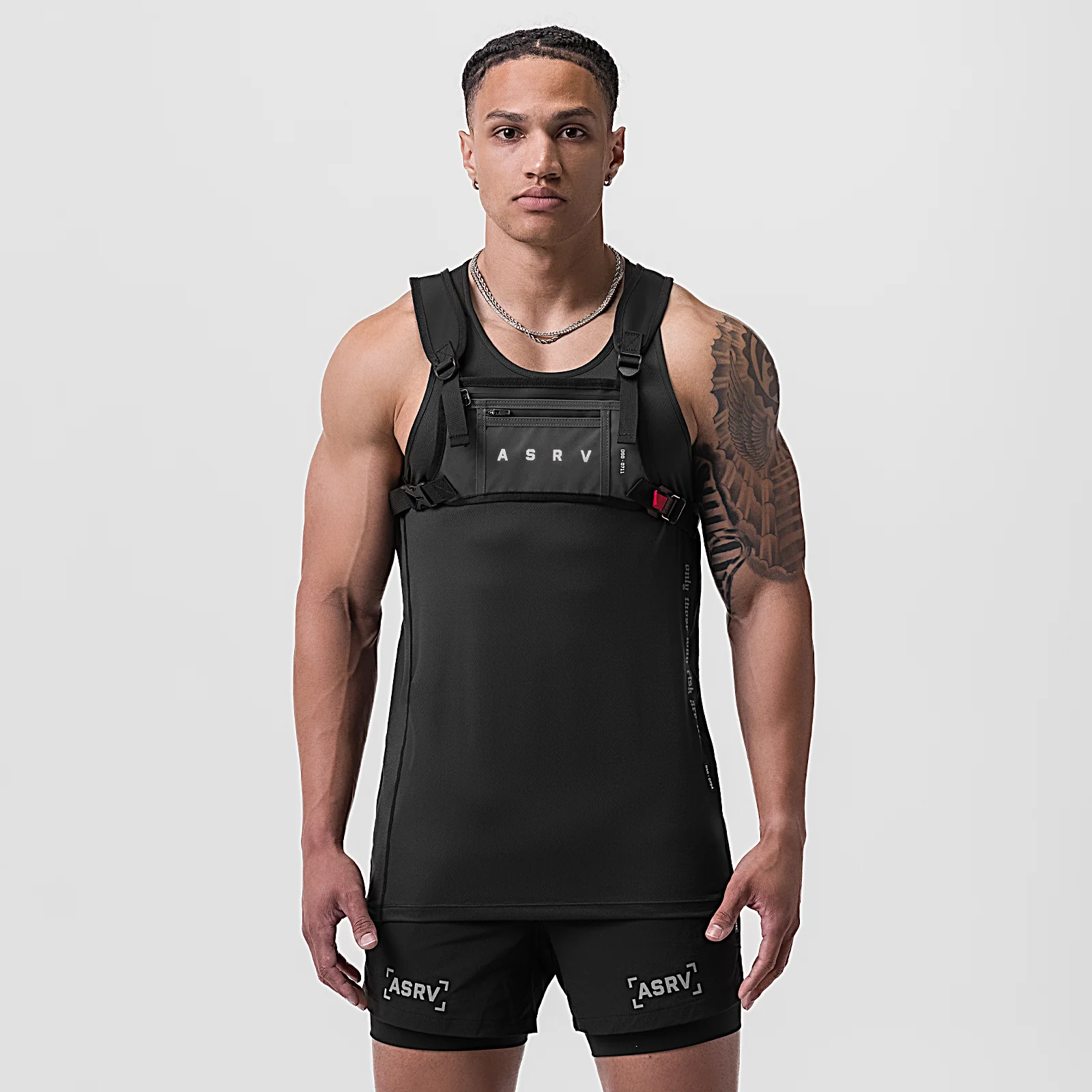 0711 Cordura Lightweight Chest Pack in black, worn by male model, front view
