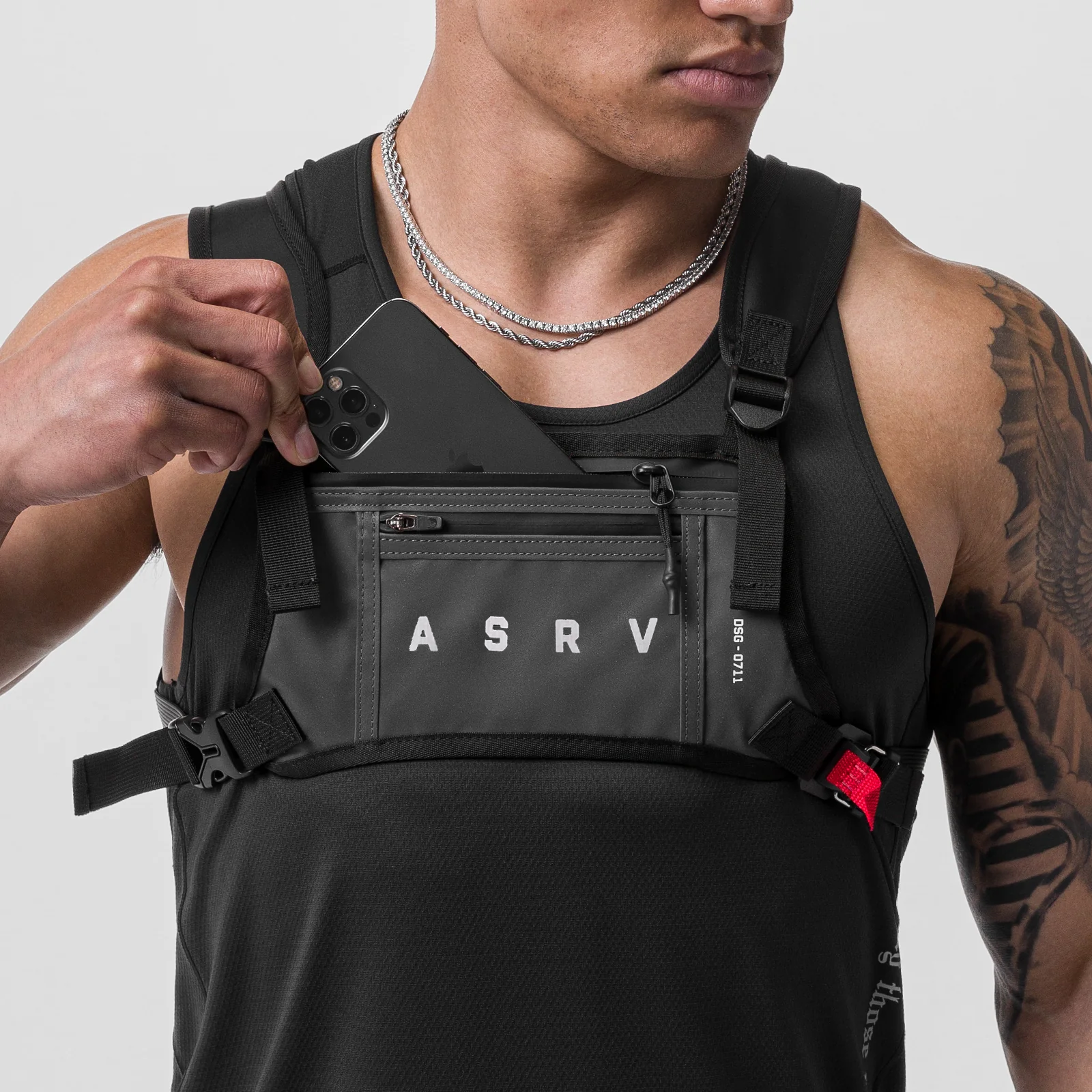 0711 Cordura Lightweight Chest Pack in black, worn by model, front view