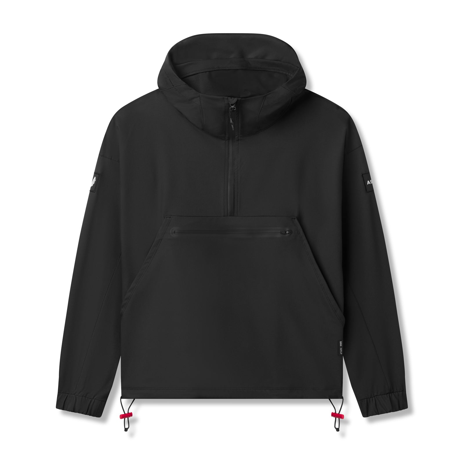 Flatlay of black Weather-Ready Anorak Jacket with red drawstring accents, front view