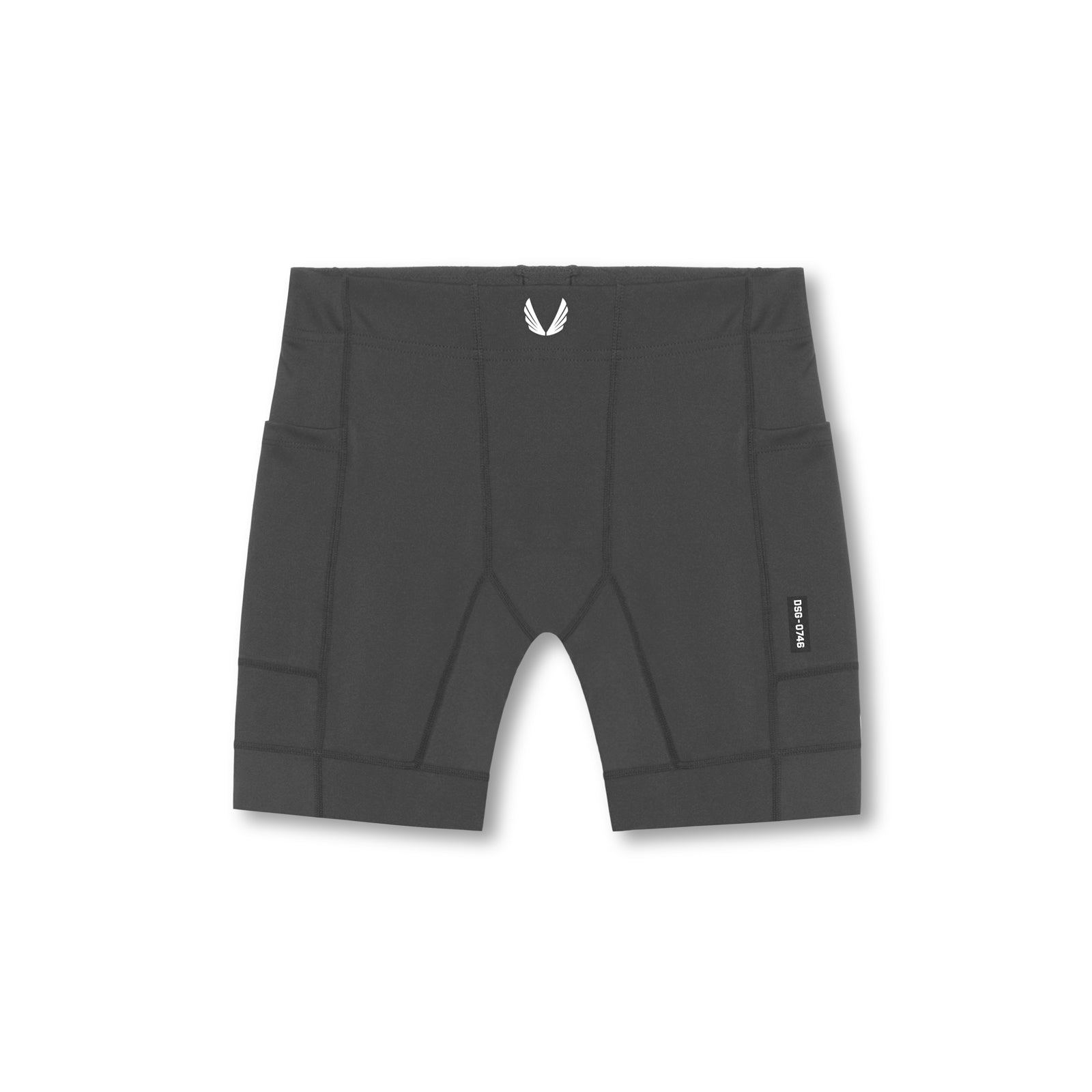 flatlay WarpFlexx Side Pocket 1/2-Length Legging shorts in black, front view