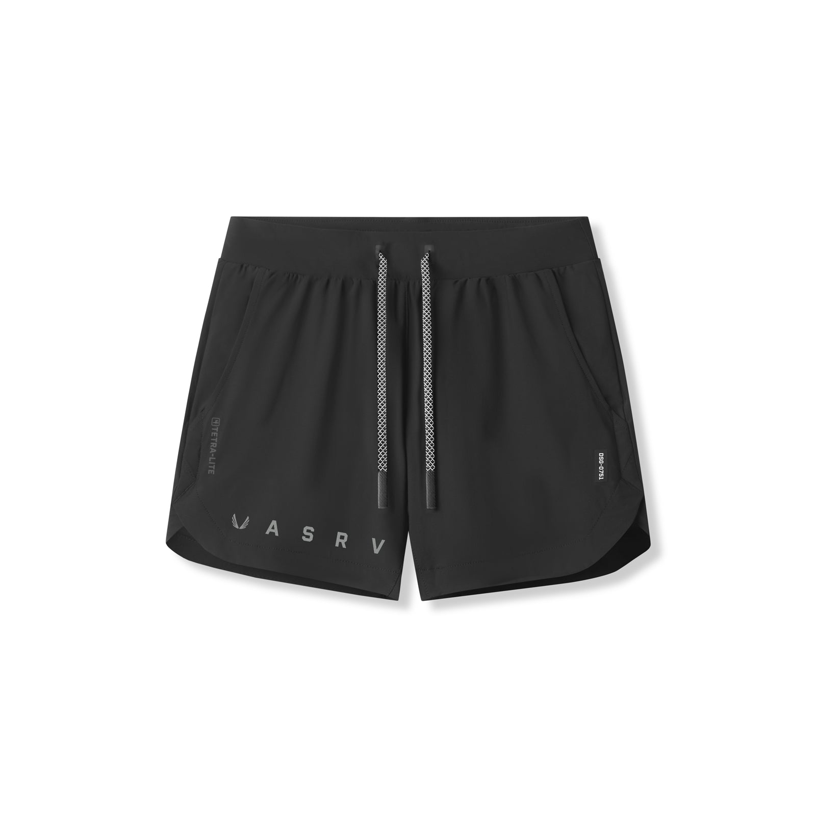 flatlay Tetra-Lite 5" Linerless Short in black with reflective branding, front view