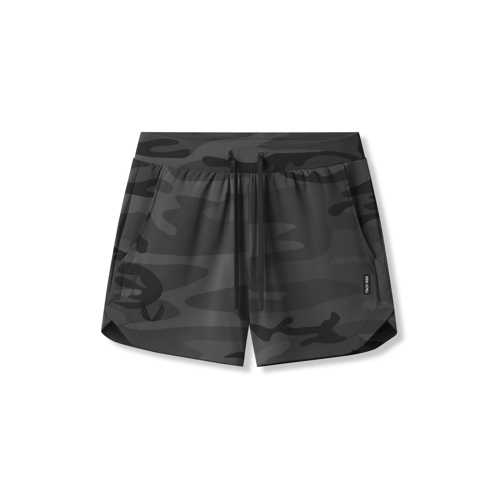 flatlay Tetra-Lite Linerless Short in black camo Wings, front view