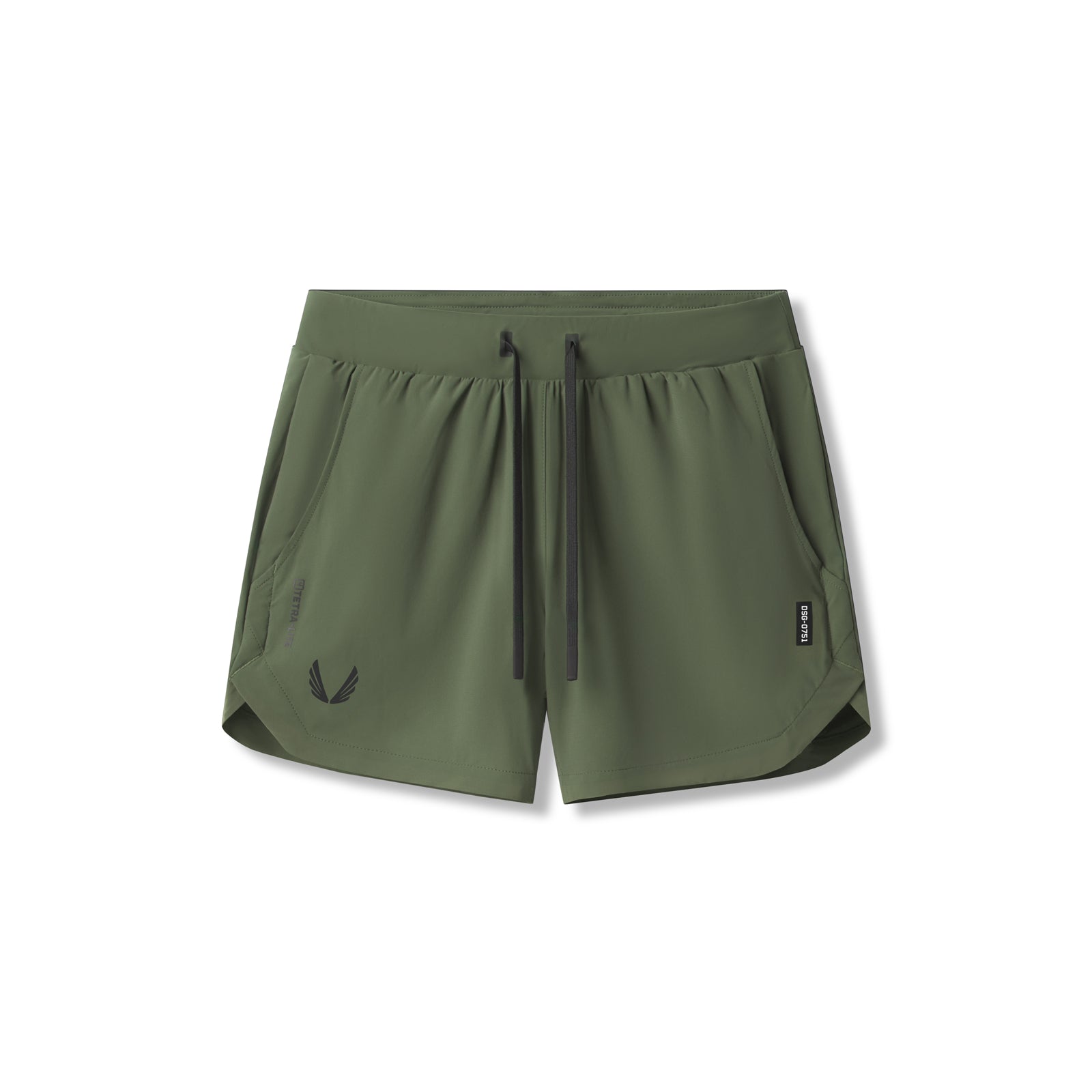 Flatlay of Tetra-Lite 5" Linerless Short in olive with black accents, front view
