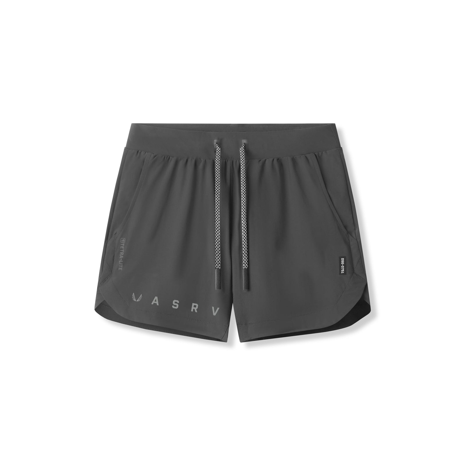 flatlay Tetra-Lite 5" Linerless Short in space grey with reflective branding, front view