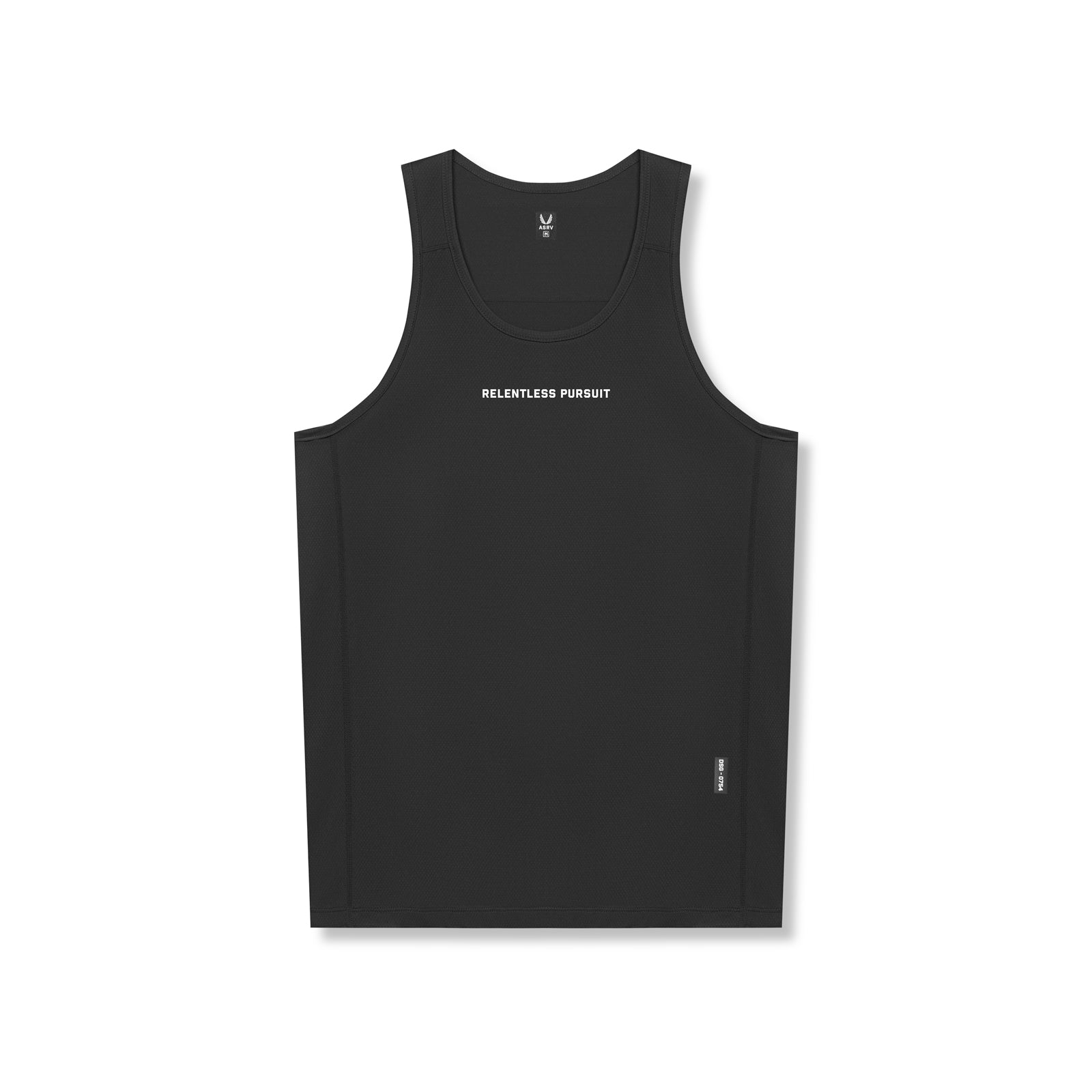flatlay AeroSilver Training Singlet in black with 'Relentless Pursuit' text, front view