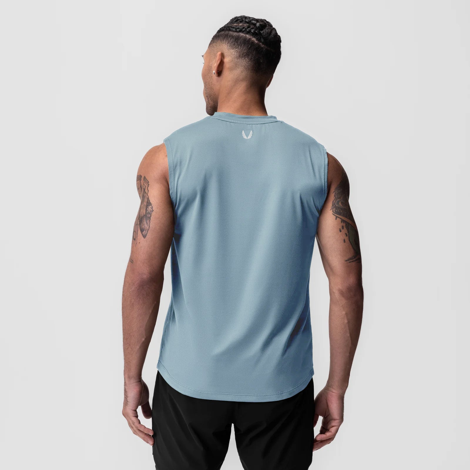 AeroSilver® Cutoff Tank in Light Sky, back view worn by model